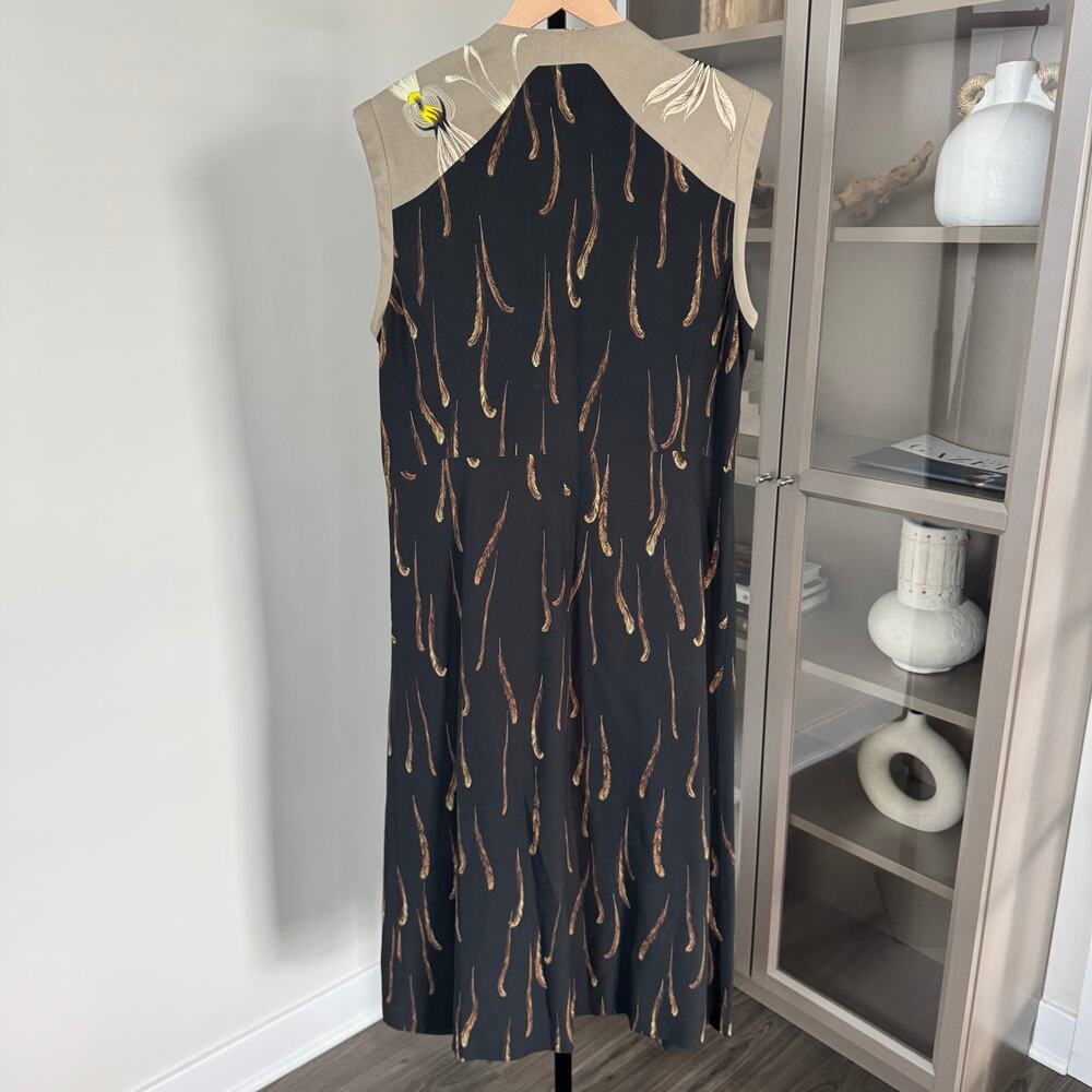 Dries Van Noten Midi Dress Large Feather Pleated Tan Black Yellow Sleeveless 42 - Picture 2 of 7